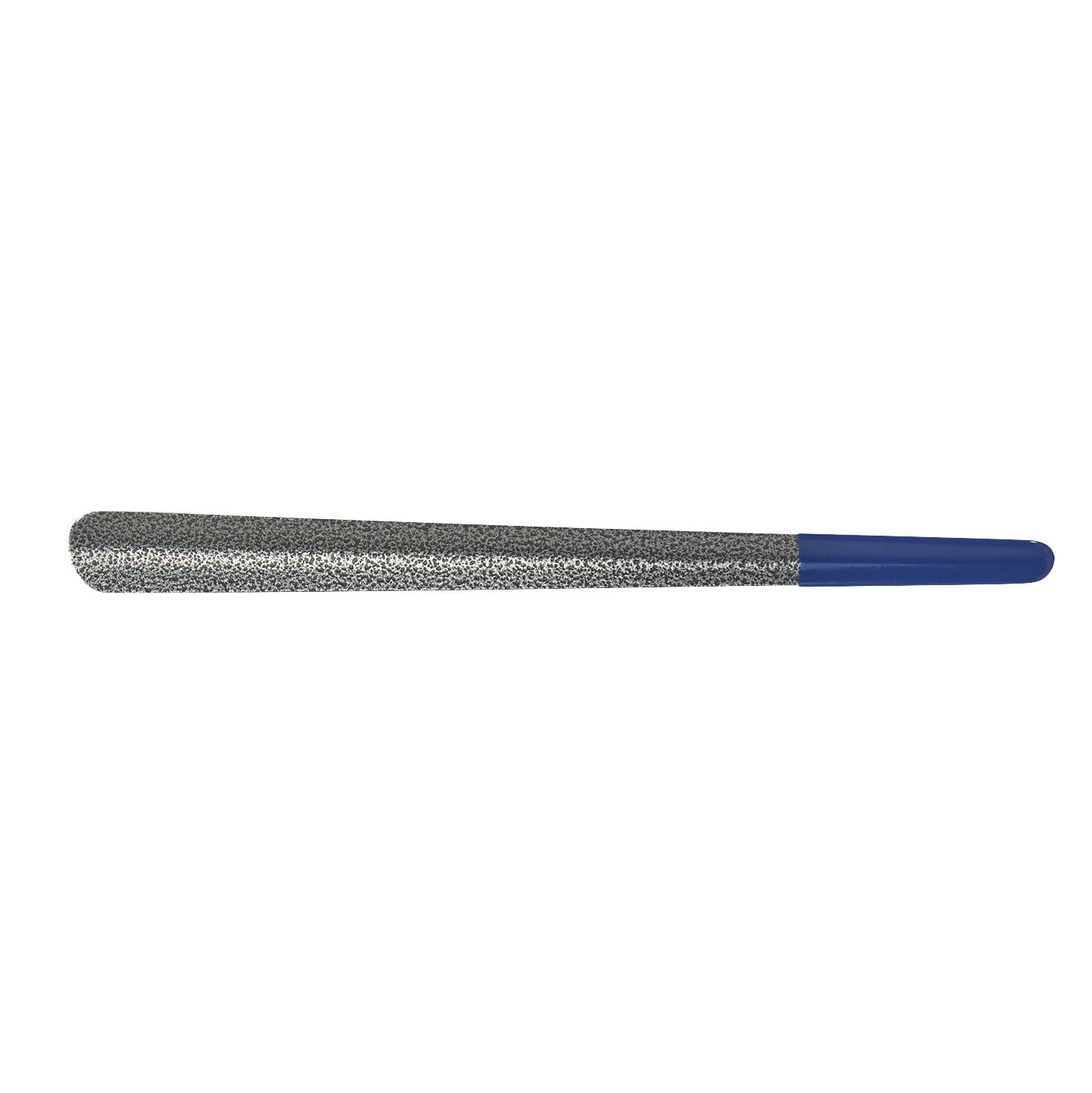 An Easy-Slide Shoehorn featuring a long, metallic textured handle and a blue plastic tip designed for effortless shoe-wearing.