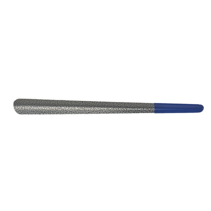 An Easy-Slide Shoehorn featuring a long, metallic textured handle and a blue plastic tip designed for effortless shoe-wearing.
