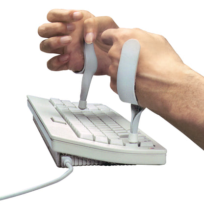 Hands using AliMed Clear View Typing Aid to type on a keyboard, featuring straps attached to a typing tool for assistance.