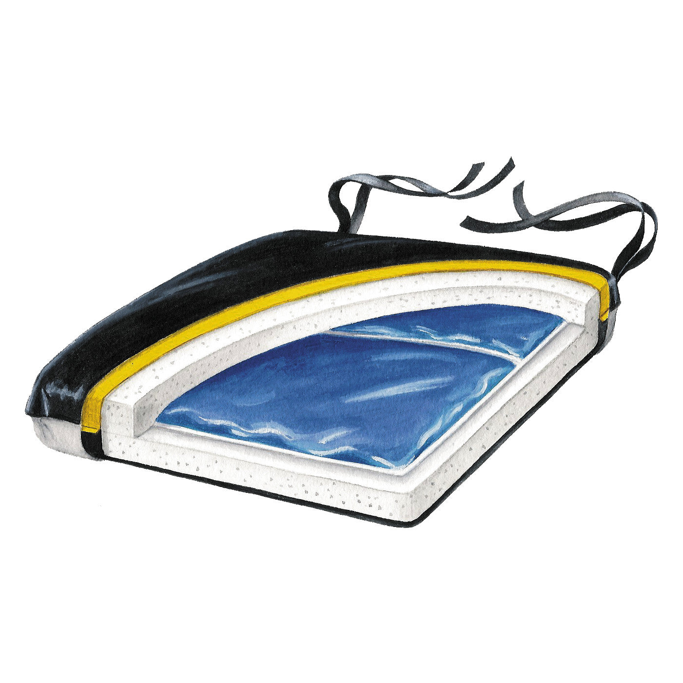 Cutaway illustration of a SkiL-Care Econo-Gel Wheelchair Cushion with Polyester Cover, showing gel and foam layers with side straps.