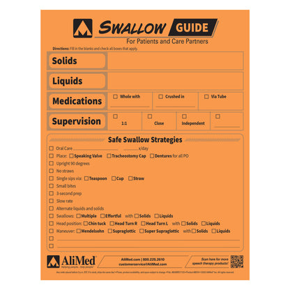 AliMed SwallowGuide for patients and care partners with sections for solids, liquids, medications, supervision, and safe swallow strategies.