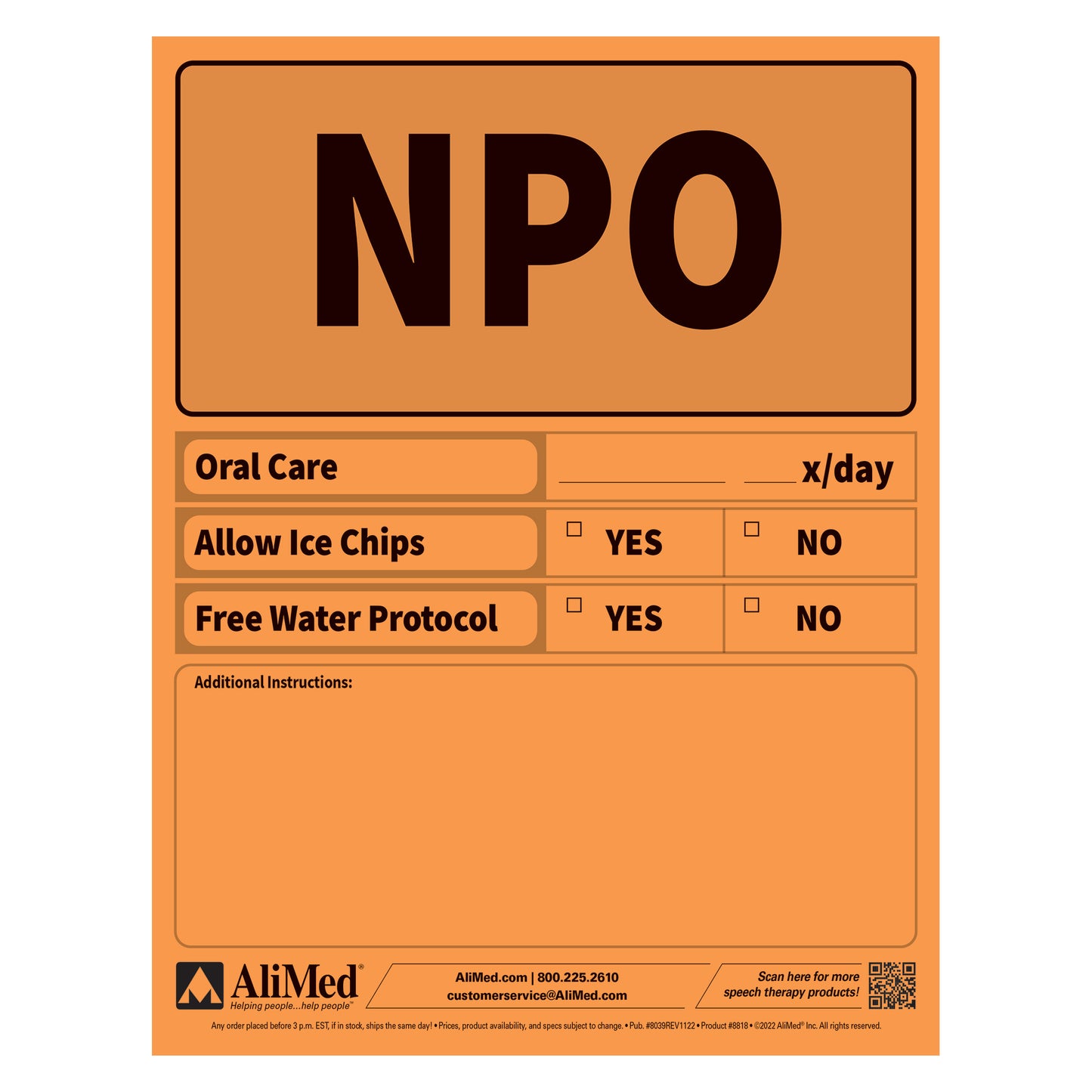 AliMed SwallowGuide sign with sections for oral care, allowing ice chips, free water protocol options, and space for instructions.