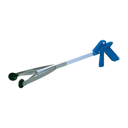 The E-Z Reacher with Suction Cups is a metal grabbing tool with a blue handle and black suction cups at the ends for picking up objects.