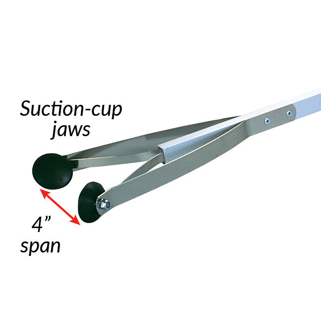 The E-Z Reacher with Suction Cups features metal arms and black suction-cup jaws with a 4-inch span, labeled for detail.