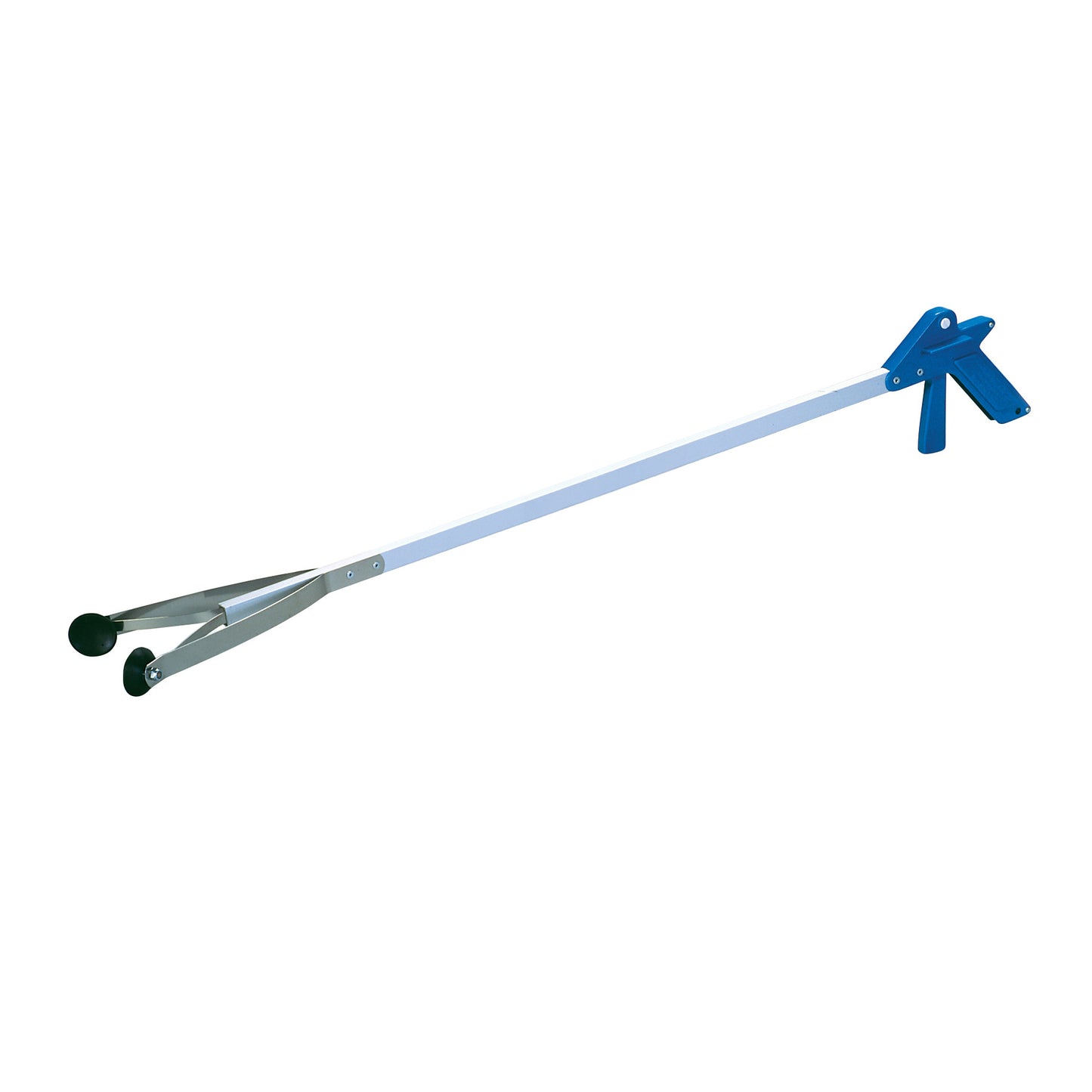 A blue and white E-Z Reacher with Suction Cups, featuring a long handle and trigger grip for picking up objects.