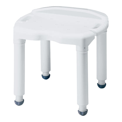 The Carex Universal Bath Seat is a sturdy, white bath chair with four legs featuring rubber tips for stability and a contoured seat.