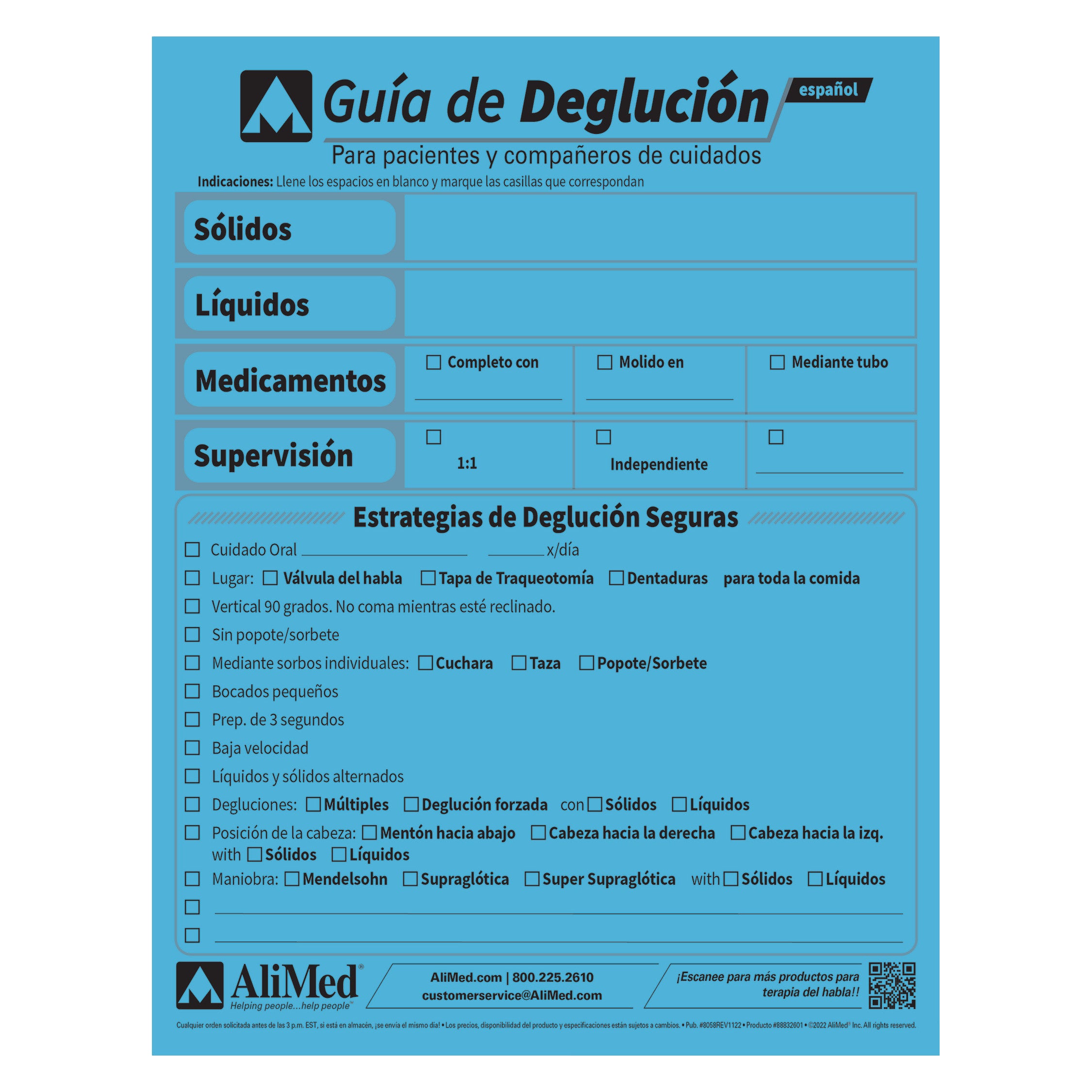 AliMed SwallowGuide form for monitoring swallowing strategies, including sections for solids, liquids, medications, and supervision.