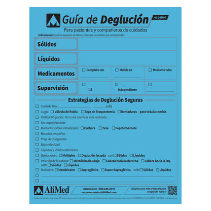 AliMed SwallowGuide form for monitoring swallowing strategies, including sections for solids, liquids, medications, and supervision.