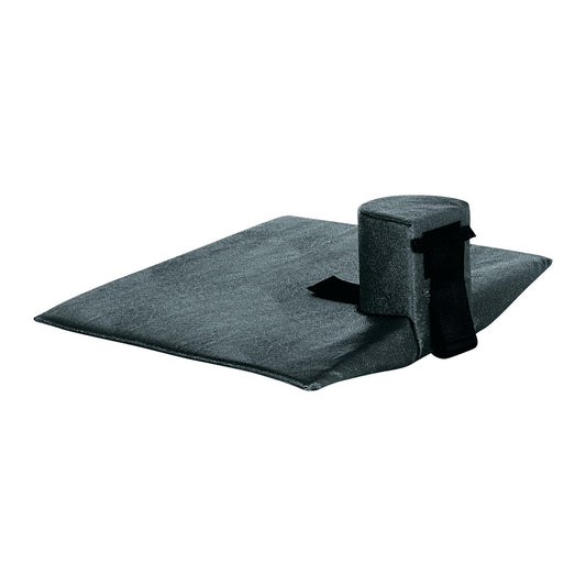 AliMed Sit-Straight Wheelchair Cushion with Release Pommel is a black cushion with a cylindrical pommel and an adjustable strap.