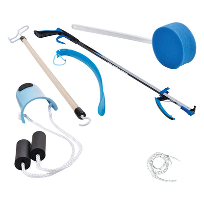 The AliMed Joint Surgery Recovery Kit includes reachers, dressing aids, a sock aid, a sponge, a leg lifter, and shoehorns.