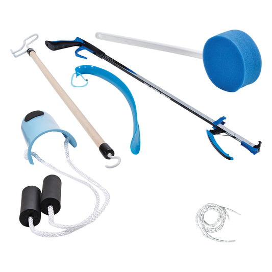 The AliMed Joint Surgery Recovery Kit includes reachers, dressing aids, a sock aid, a sponge, a leg lifter, and shoehorns.