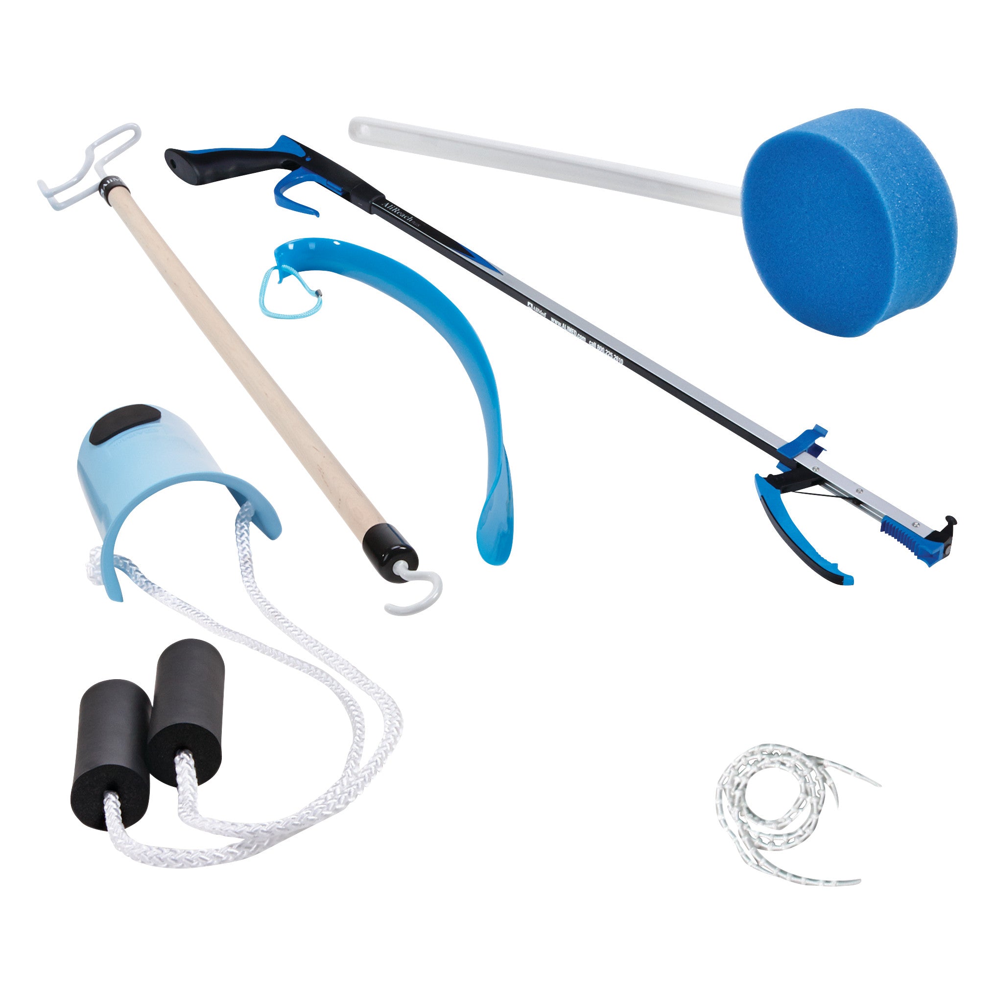 The AliMed Joint Surgery Recovery Kit includes a reacher, sock aid, dressing stick, shoehorn, bathing sponge, and elastic shoelaces.
