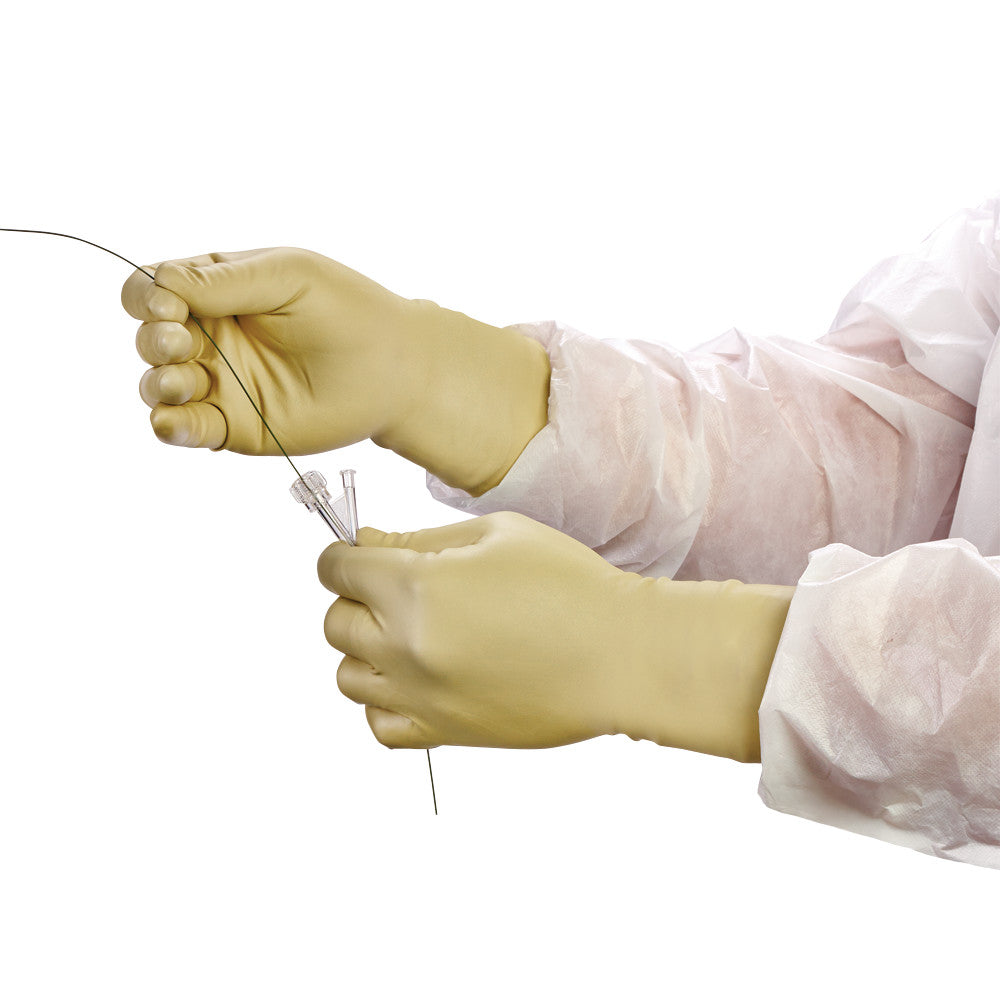 Hands wearing RadiaXon Radiation Resistant Latex Gloves manipulate a wire, suggesting a medical or scientific procedure.