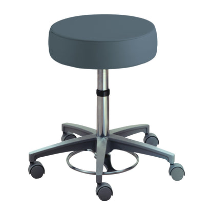 Brewer Foot-Operated Millenium Series Stool with a round cushioned seat, metal base, and five casters for mobility.