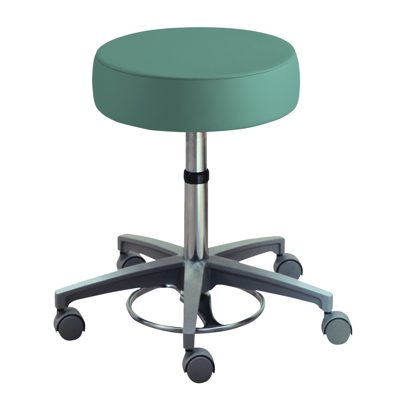 Brewer Foot-Operated Millenium Series Stool with a teal cushioned seat, adjustable height, and five wheels for mobility.