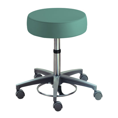 Brewer Foot-Operated Millenium Series Stool with a teal cushioned seat, adjustable height, and five wheels for mobility.