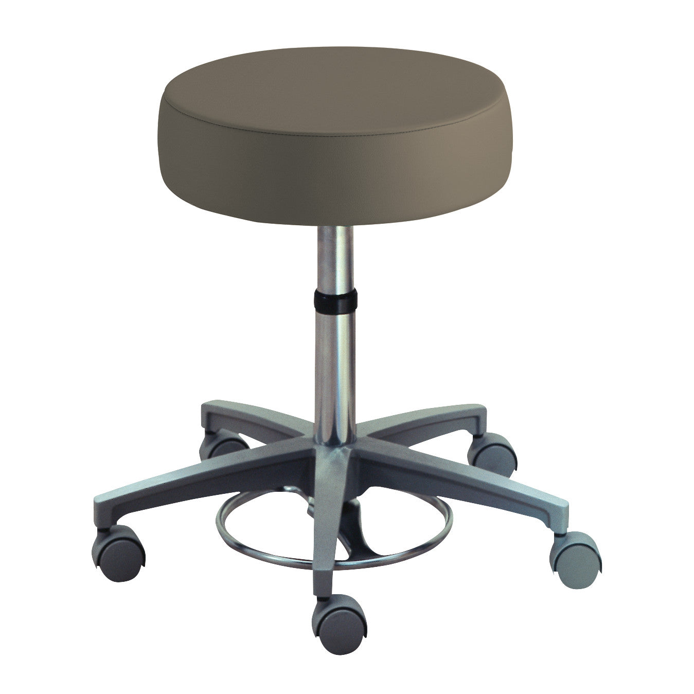 The Brewer Foot-Operated Millennium Series Stool features a round seat, adjustable height, and five wheels for mobility.