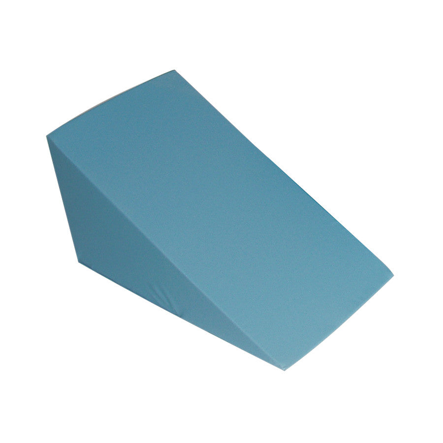 AliMed Vinyl-Covered 28 Degree Large Wedge Positioner, seen at an angle, is blue with a smooth, vinyl surface.