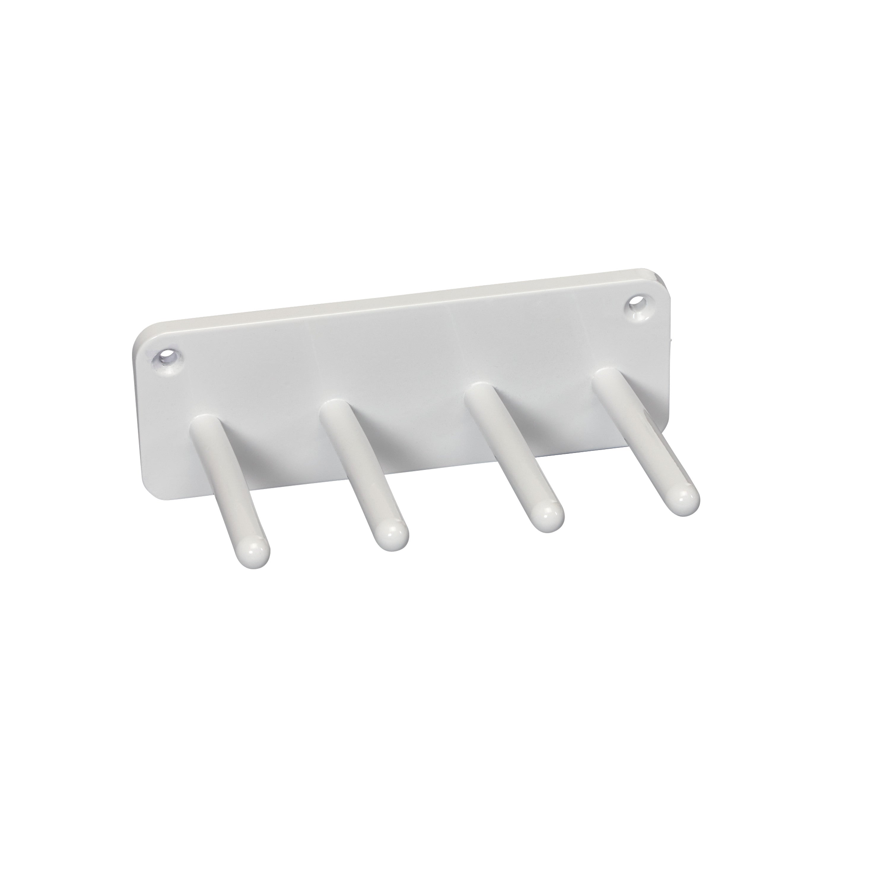 AliMed Wall Apron Rack with four white pegs on a rectangular base for hanging aprons, featuring screw holes for wall mounting.