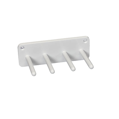 AliMed Wall Apron Rack with four white pegs on a rectangular base for hanging aprons, featuring screw holes for wall mounting.