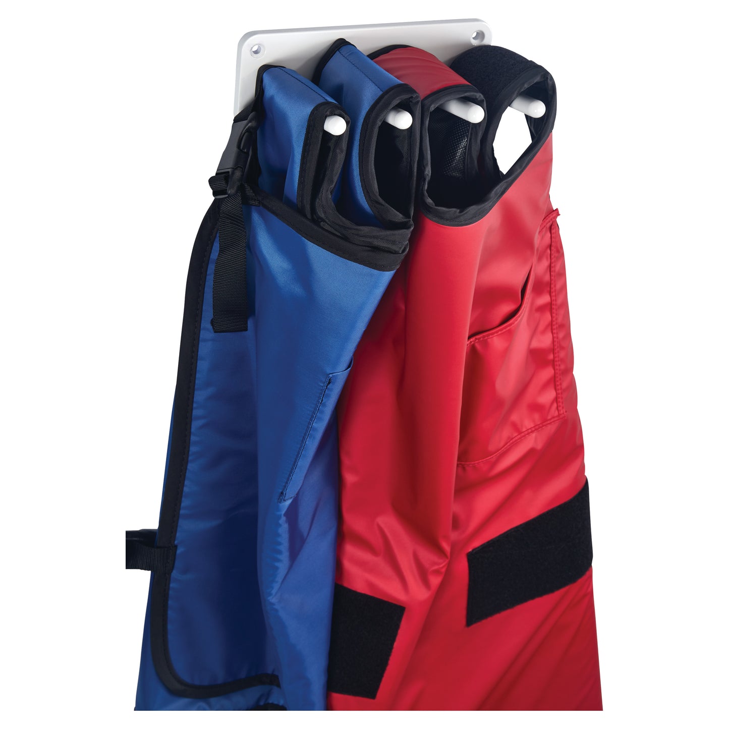 AliMed Wall Apron Rack holds multiple aprons, with blue and red aprons hanging neatly side by side using secured hooks.