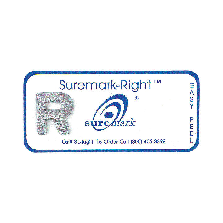 Suremark Left and Right Skin Marker with a raised "R," blue logo, and contact information for ordering.
