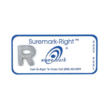 Suremark Left and Right Skin Marker with a raised "R," blue logo, and contact information for ordering.