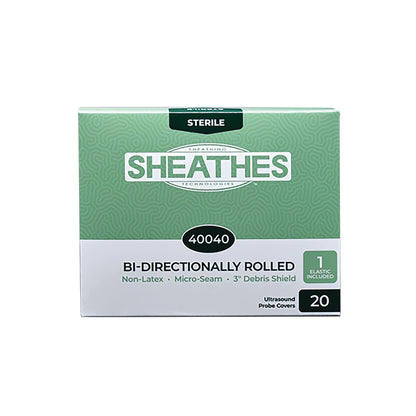 Sheathes Bidirectional Probe Cover box with 20 sterile, non-latex probe covers, featuring micro-seam and a 3" debris shield.