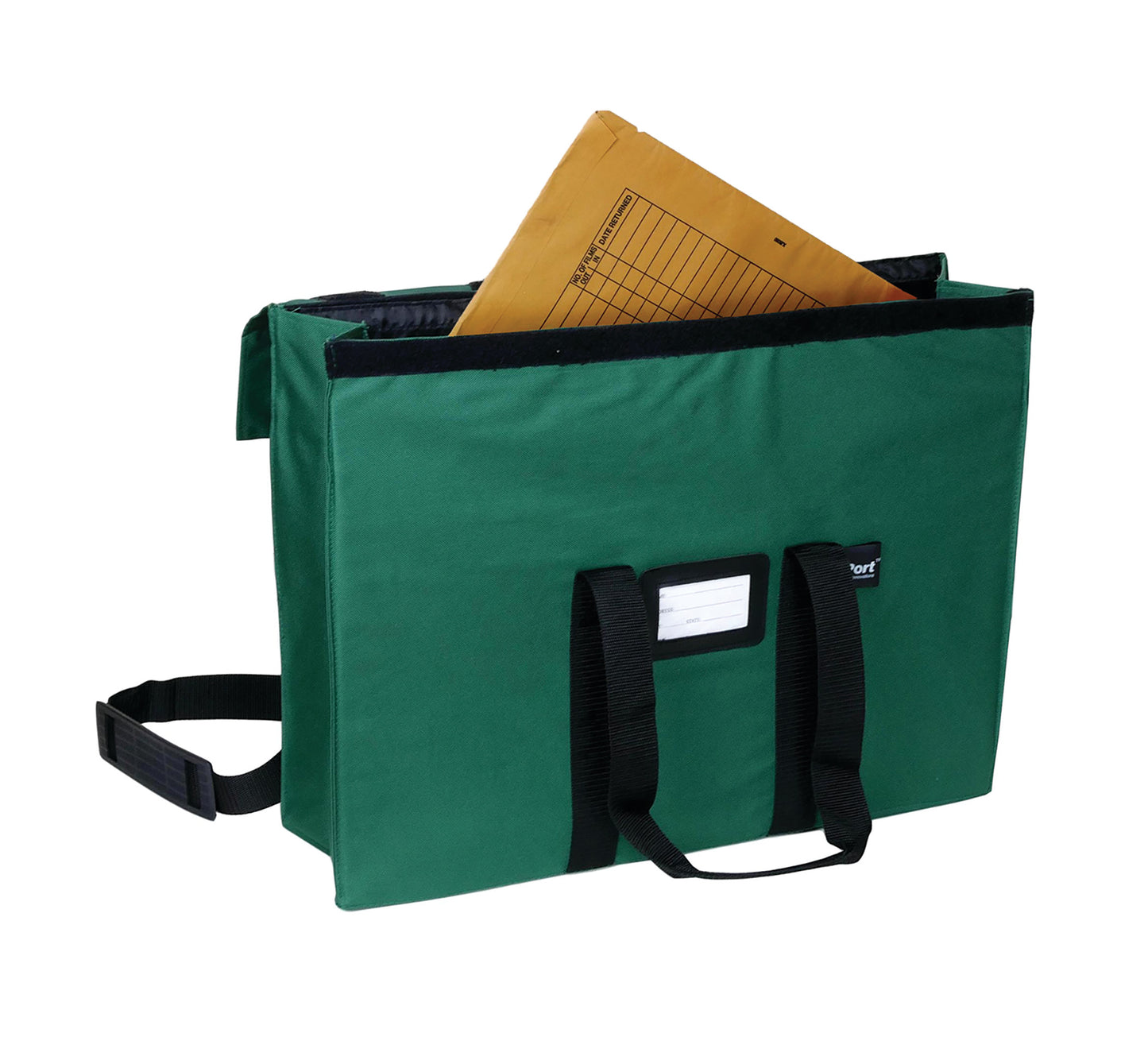 Expandable X-Port X-Ray Portfolio in green, with black handles and an envelope sticking out, designed for carrying documents or x-rays.