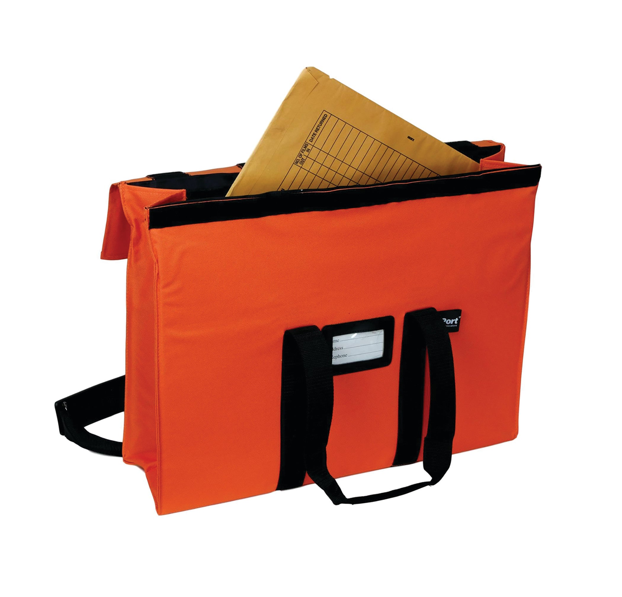 Orange Expandable X-Port X-Ray Portfolio with black handles, holding a large brown envelope, and featuring a label pocket.