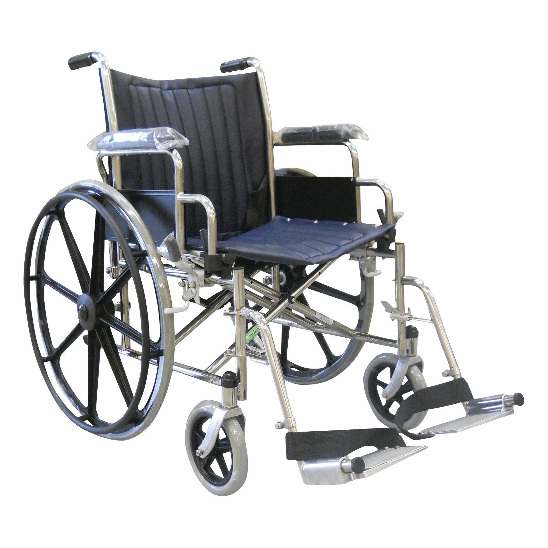 A MR-Conditional Wheelchair with Removable Flip-Up Desk Arms and Footrests, featuring large rear wheels and smaller front casters.