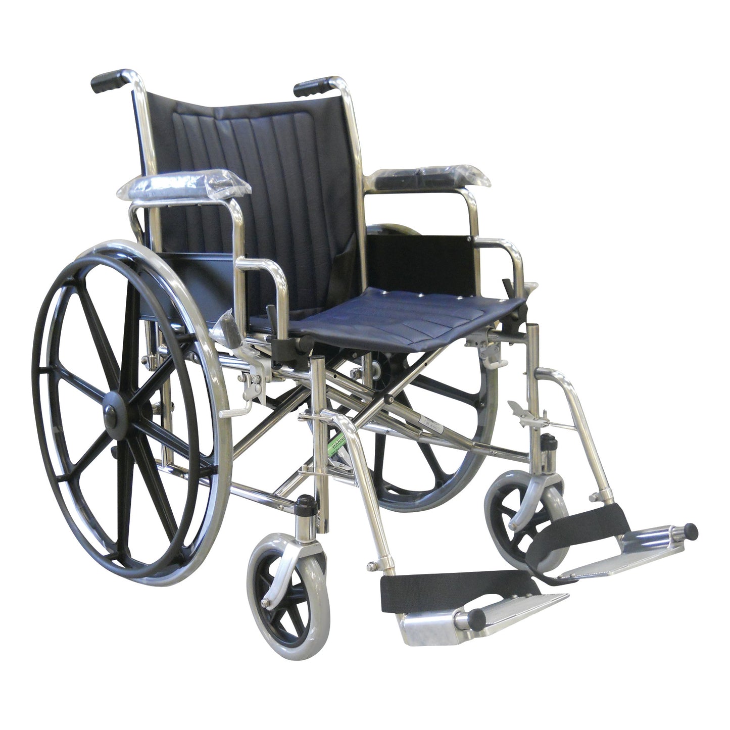 A MR-Conditional Wheelchair with Removable Flip-Up Desk Arms and Footrests, featuring large rear wheels and smaller front casters.