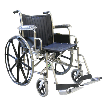 A MR-Conditional Wheelchair with Removable Flip-Up Desk Arms and Footrests, featuring large rear wheels and smaller front casters.