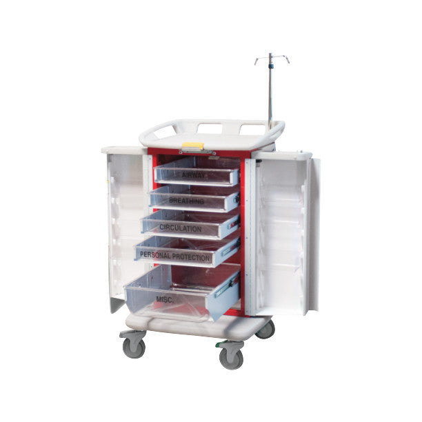Waterloo Healthcare ER2000 Instant Access Emergency Cart with open drawers labeled for medical supplies, featuring an IV pole.