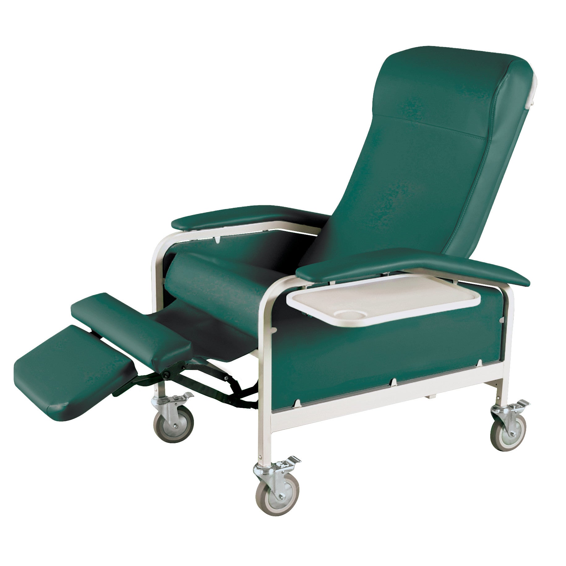Winco Drop Arm Care Cliner with green cushions, adjustable leg rest, tray, and caster wheels designed for patient care.