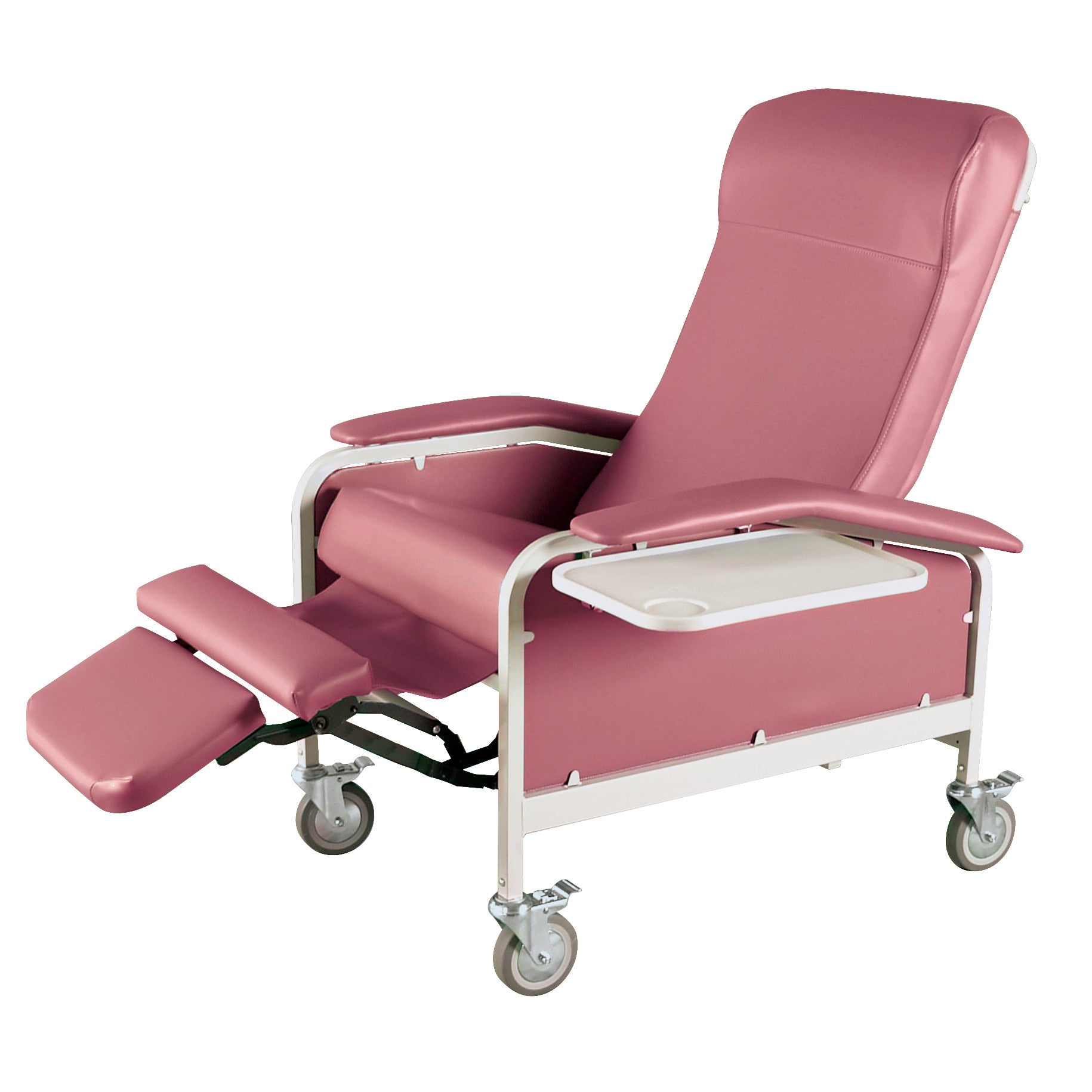A pink Winco Drop Arm Care Cliner with extendable leg rest, foldable tray, and wheels for mobility.