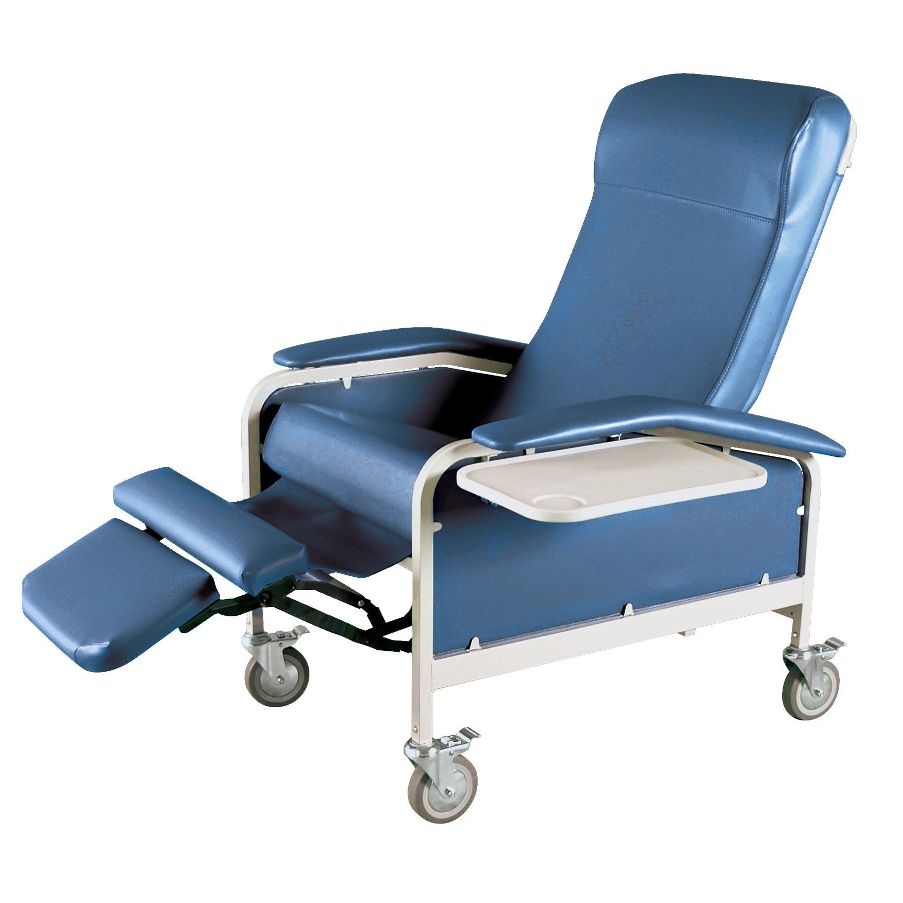 Winco Drop Arm Care Cliner with blue upholstery, adjustable headrest and footrest, drop-down arm, tray, and four caster wheels.