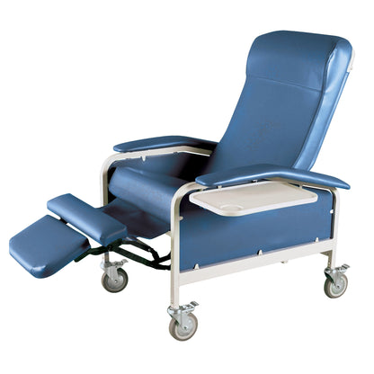Winco Drop Arm Care Cliner with blue upholstery, adjustable headrest and footrest, drop-down arm, tray, and four caster wheels.