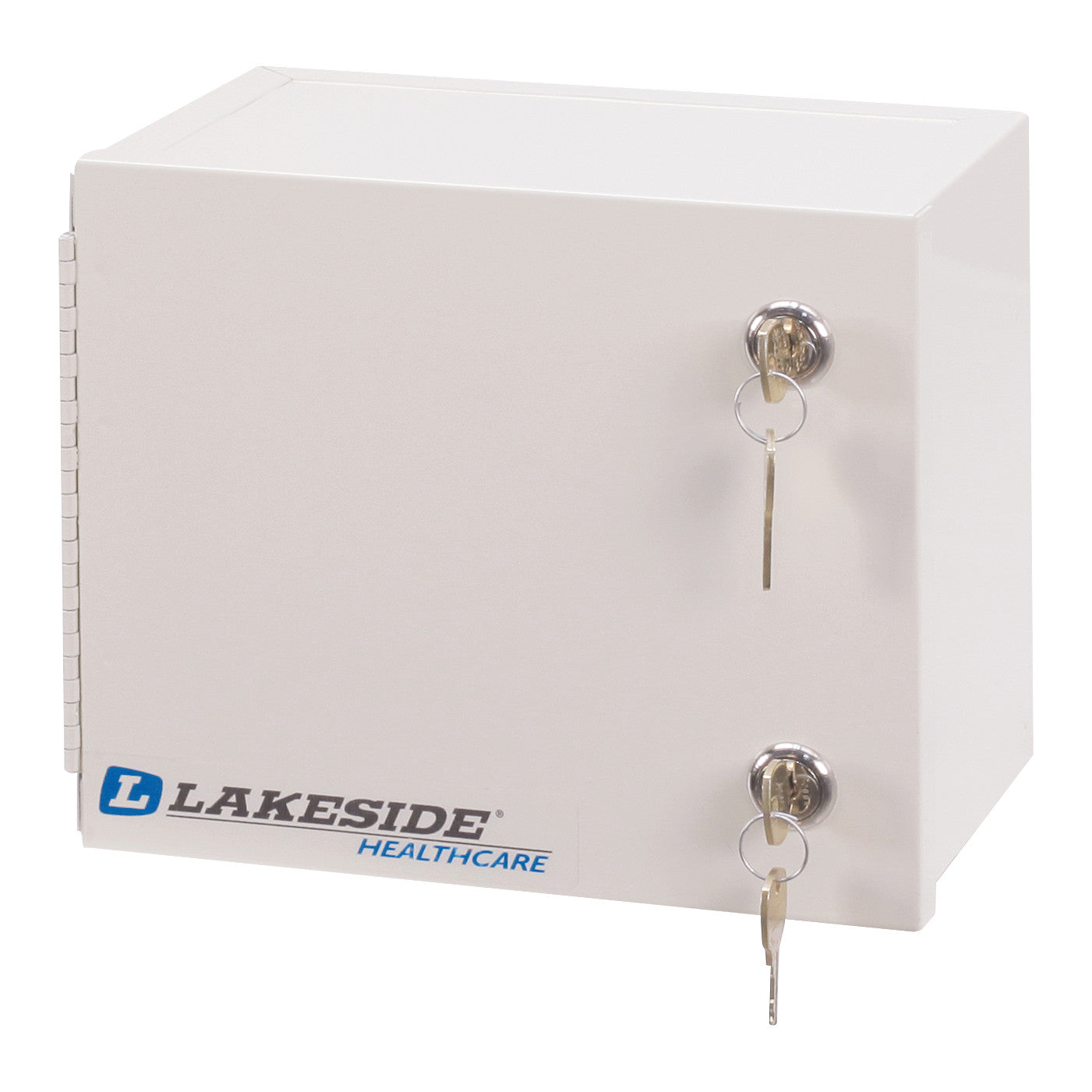 White Lakeside Double-Lock Narcotics Box with two keys inserted in locks. The brand logo is displayed on the front.