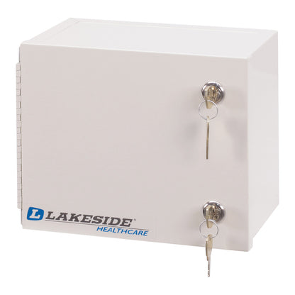 White Lakeside Double-Lock Narcotics Box with two keys inserted in locks. The brand logo is displayed on the front.