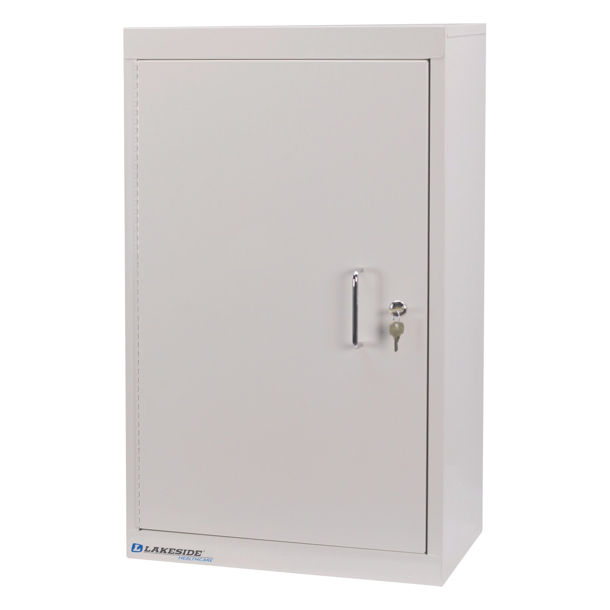 A white Lakeside Double-Lock Narcotics Box with a secure locking mechanism and two keys.