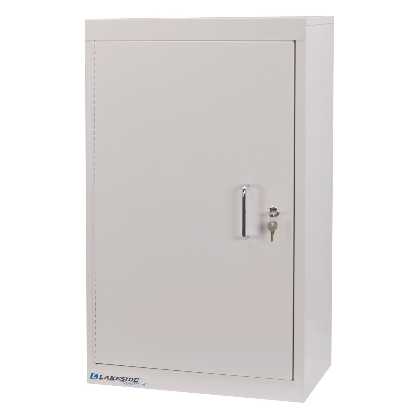 A white Lakeside Double-Lock Narcotics Box with a secure locking mechanism and two keys.