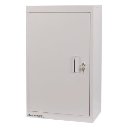 A white Lakeside Double-Lock Narcotics Box with a secure locking mechanism and two keys.