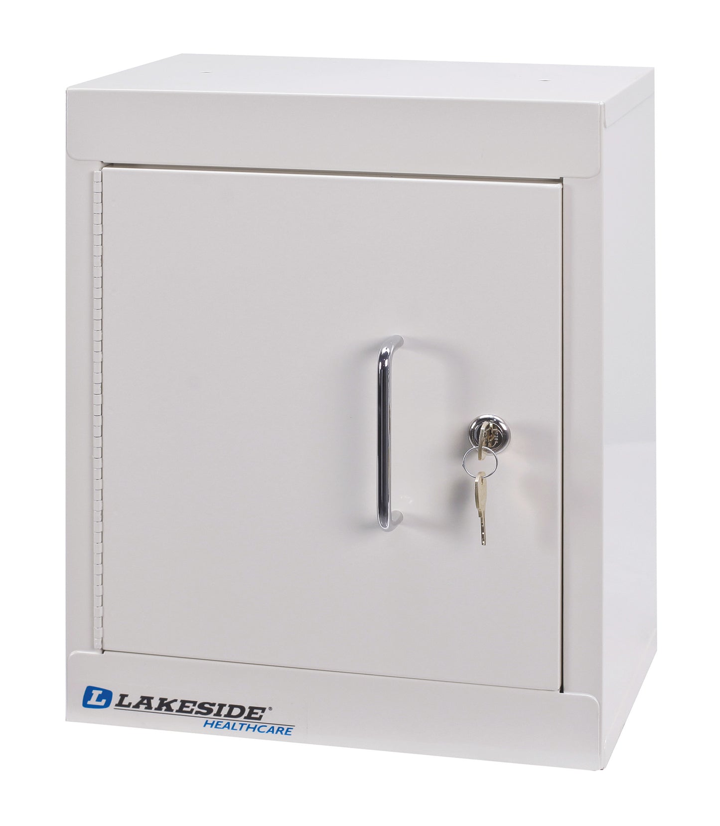 A white Lakeside Double-Lock Narcotics Box with a handle and a keyhole, featuring a key. The brand logo is at the bottom.