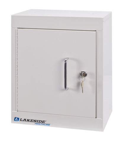 A white Lakeside Double-Lock Narcotics Box with a handle and a keyhole, featuring a key. The brand logo is at the bottom.