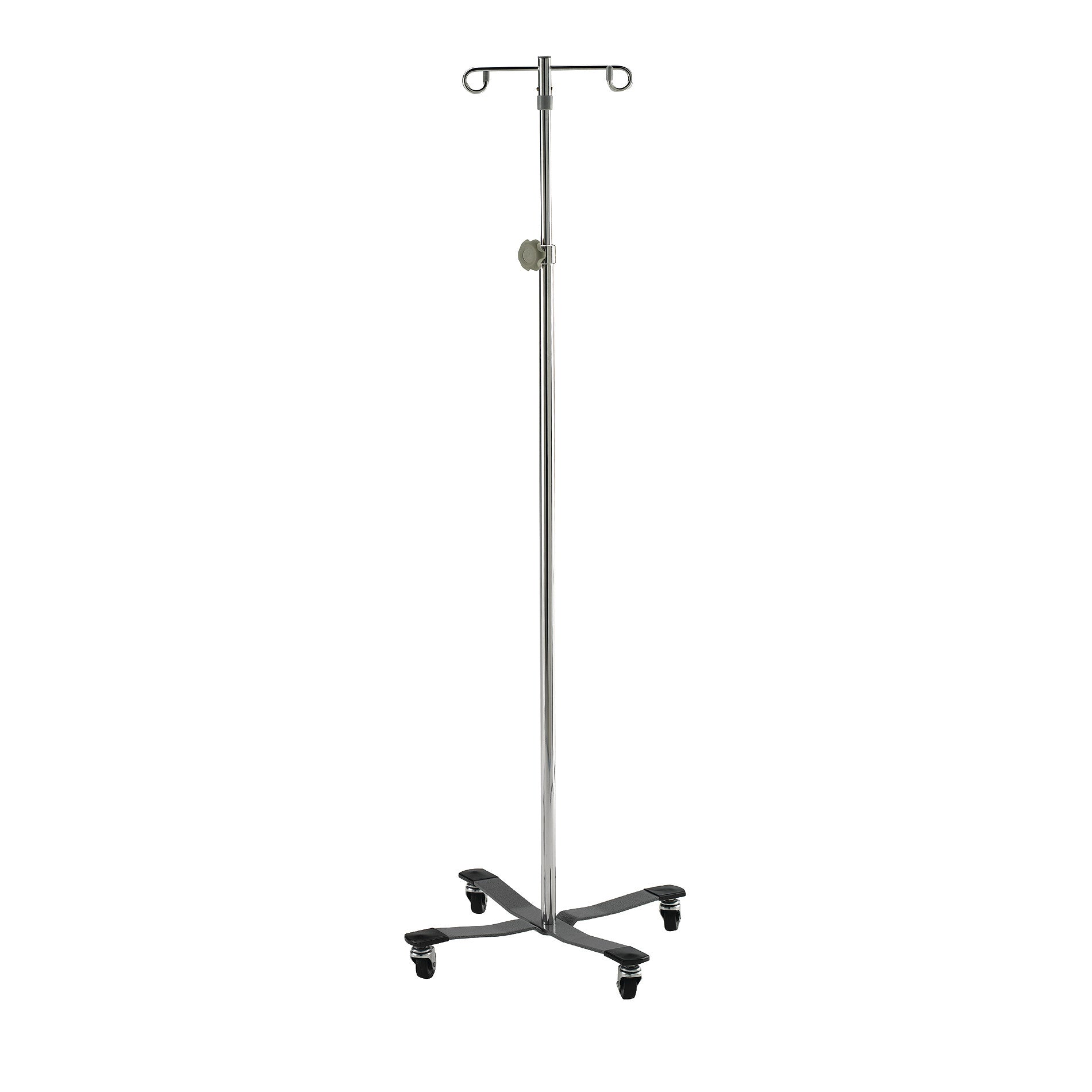 Lakeside Heavy-Duty Four-Leg Healthcare IV Pole with two hooks and adjustable height, featuring a wheeled base for mobility.