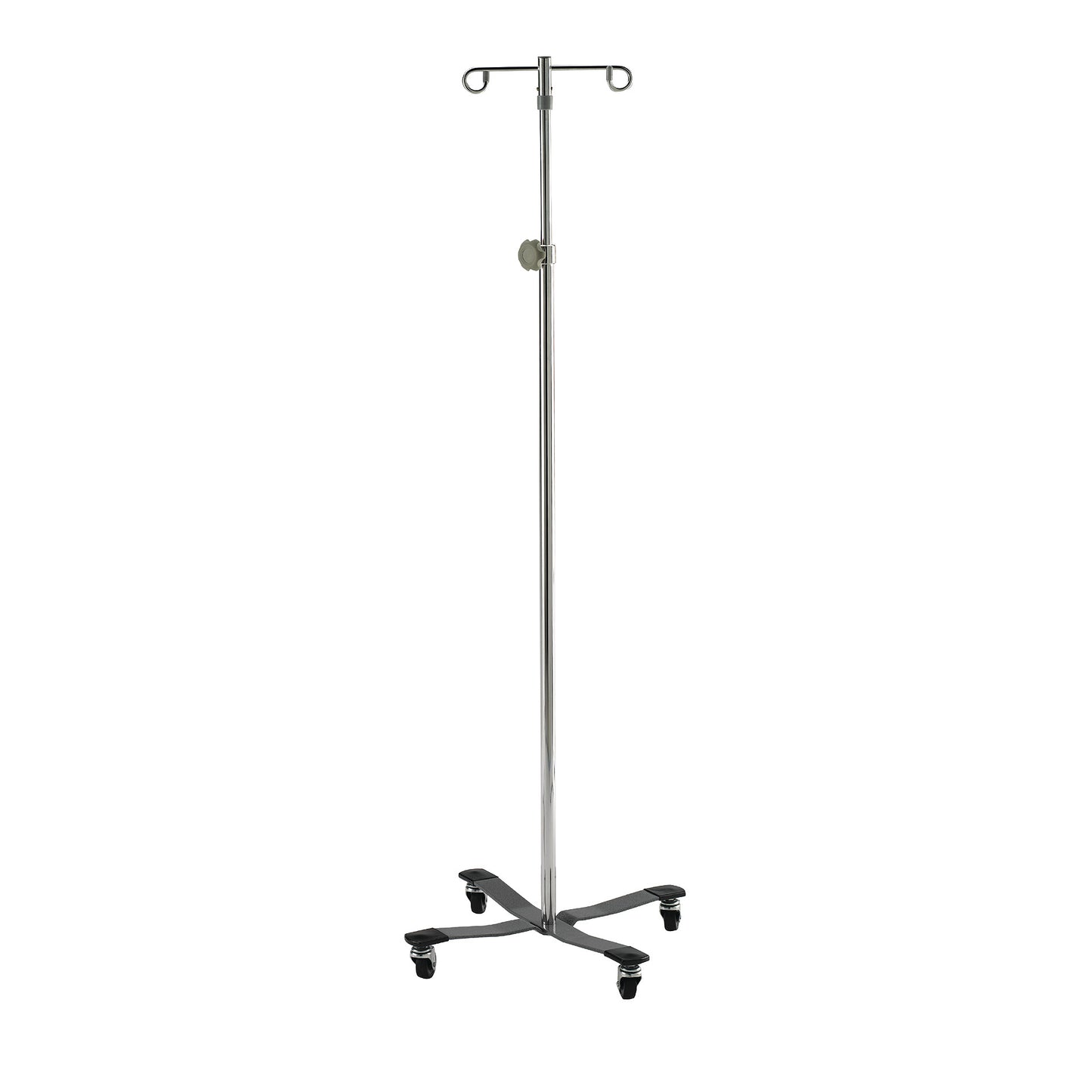 Lakeside Heavy-Duty Four-Leg Healthcare IV Pole with two hooks and adjustable height, featuring a wheeled base for mobility.