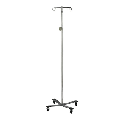 Lakeside Heavy-Duty Four-Leg Healthcare IV Pole with two hooks and adjustable height, featuring a wheeled base for mobility.