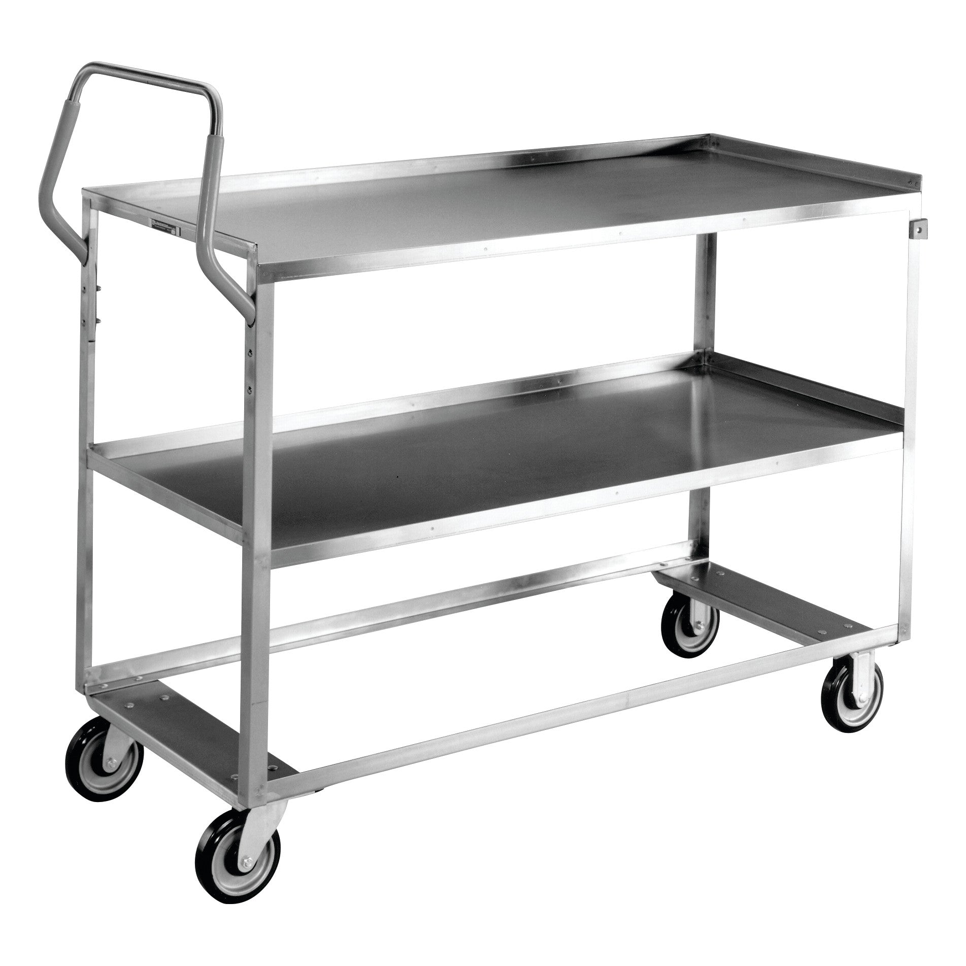 A Lakeside Medium Duty Ergo-One System Utility Cart with three metal shelves, four wheels, and a handle for easy transport.