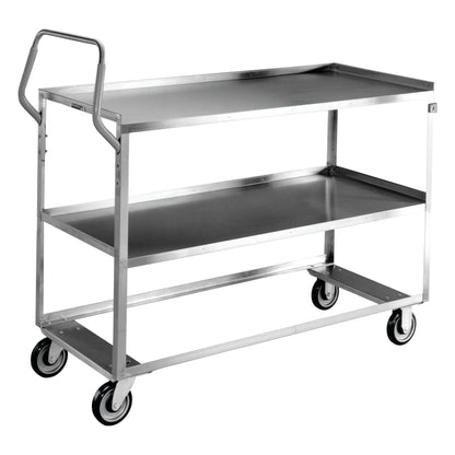 A Lakeside Medium Duty Ergo-One System Utility Cart with three metal shelves, four wheels, and a handle for easy transport.